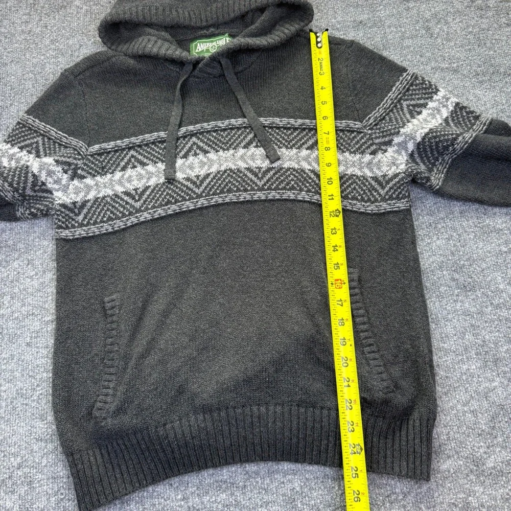 American Eagle Mens Soft Charcoal Grey Fair Isle Knit Hoodie Sweater Pullover LG